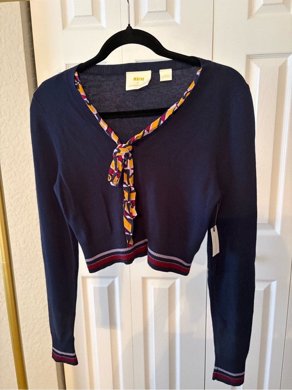 Maeve Anthropologie Sweater NWT  Navy Cropped Tie-Neck with Stripe Trim, Size XS